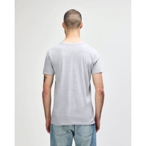A grey Gildan Softstyle adult v-neck t-shirt displayed from the back, featuring a plain design and a logo.