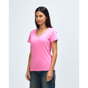 A lady's V-neck T-shirt in bright pink, featuring short sleeves and a fitted design. It includes a logo.