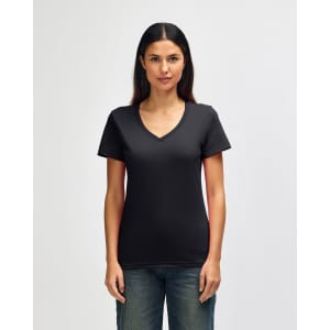 A black ladies' V-neck T-shirt displayed on a model, featuring short sleeves and a fitted silhouette.