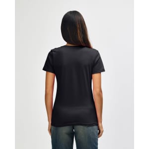 A black Gildan Softstyle ladies' V-neck T-shirt displayed from the back on a model.