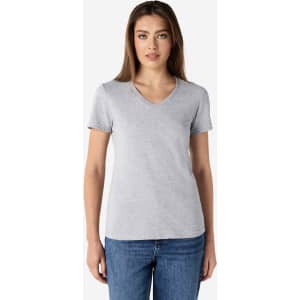 A grey Gildan Softstyle ladies' V-neck T-shirt displayed on a model, featuring a simple design and fitted silhouette.