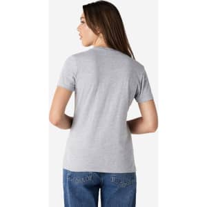 A grey ladies' V-neck t-shirt with a fitted style, viewed from the back, paired with blue jeans.