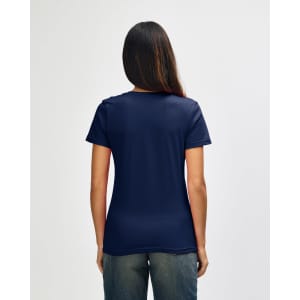 A navy blue Gildan Softstyle ladies' v-neck t-shirt, viewed from the back, featuring a plain design and fitted silhouette.