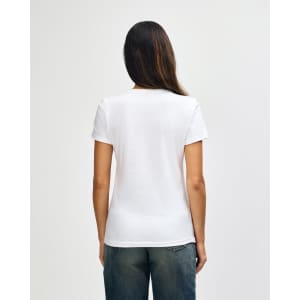 A white Gildan Softstyle ladies' V-neck T-shirt displayed from the back, showcasing a simple design and fit.