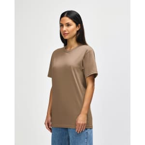 A midweight t-shirt in a brown colour, featuring short sleeves and a relaxed fit, with a logo present.