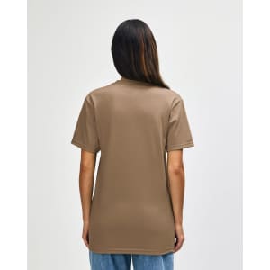 A midweight t-shirt in a brown shade, featuring a plain back design and a logo.