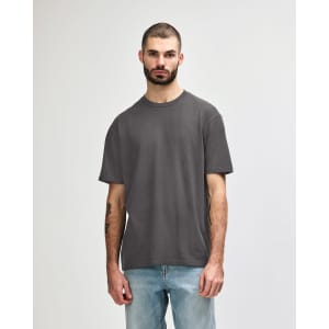 A midweight adult T-shirt in olive green, featuring a plain design and short sleeves. It has a logo on the chest.