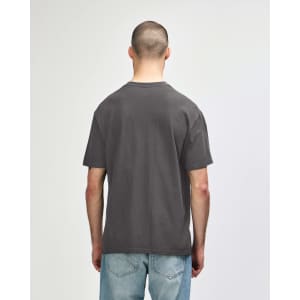 A back view of a midweight adult T-shirt in olive green, featuring a plain design and a logo on the neckline.