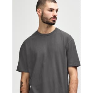 A midweight adult t-shirt in olive green, featuring a simple design and short sleeves. It has a logo on it.