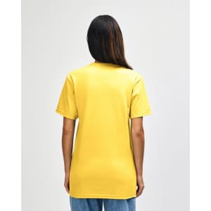 A midweight adult t-shirt in yellow with a blue panel on the back, featuring a logo.