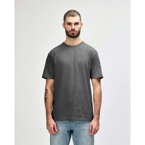 A grey Gildan Softstyle adult midweight T-shirt displayed on a male model, featuring a simple design and a logo.
