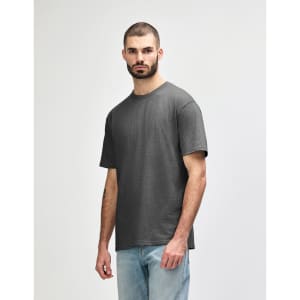 A midweight adult t-shirt in dark grey, featuring short sleeves and a relaxed fit. It has a logo on the front.