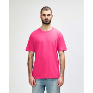 A midweight adult T-shirt in vibrant pink, featuring a side panel design and a logo.
