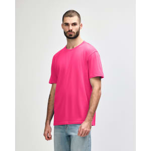 A midweight adult T-shirt in bright pink, featuring a crew neckline and short sleeves. It has a logo on the front.