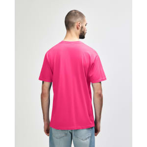 A vibrant pink Gildan Softstyle adult midweight T-shirt displayed from the back, featuring a logo.