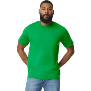 A green Gildan Softstyle adult midweight T-shirt worn by a man, featuring a solid colour and a logo.