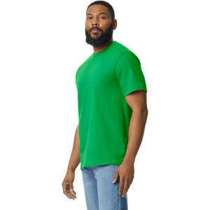 A green midweight T-shirt worn by a man, featuring a crew neck and short sleeves, with a logo on it.