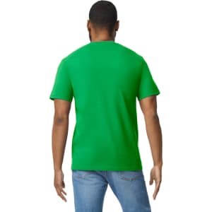 A green Gildan Softstyle adult midweight t-shirt displayed from the back, featuring a logo.