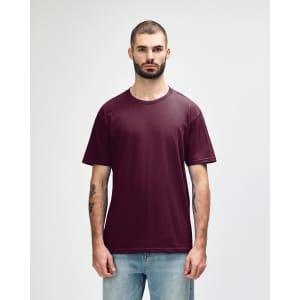A maroon midweight T-shirt on a male model, featuring a simple design and a logo.