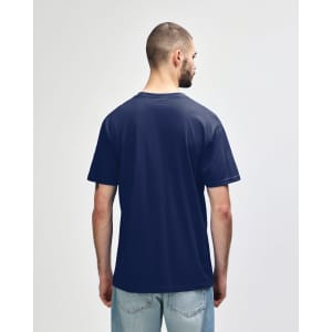 A navy blue Gildan Softstyle adult midweight T-shirt displayed from the back, featuring a simple design and a logo.