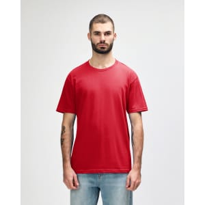 A red and navy adult midweight t-shirt with a logo, featuring a classic crew neck and short sleeves.