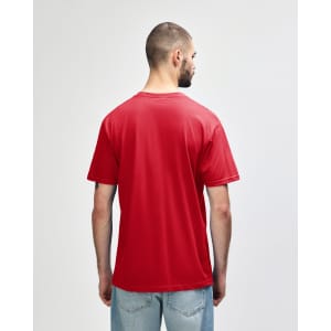 A red and navy Gildan Softstyle Adult Midweight T-Shirt, showcasing the back view of the shirt.