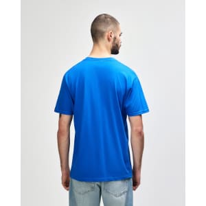 A back view of a midweight t-shirt in blue with yellow sides, featuring a logo.