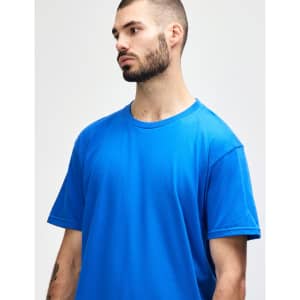 A midweight adult t-shirt in blue, featuring a round neck and short sleeves, with a branding logo.
