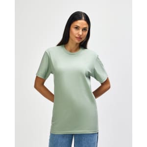 A midweight adult t-shirt in a green colour, featuring a simple design and a logo on the front.