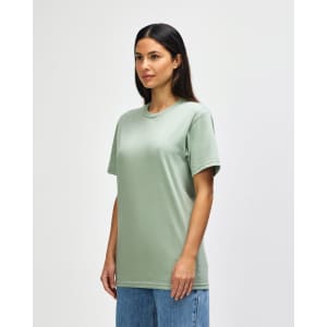 A midweight adult T-shirt in sage green, featuring a round neckline and short sleeves. It has a logo on the side.