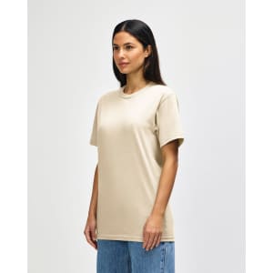 A midweight adult T-shirt in a beige colour, featuring short sleeves and a round neckline. It has a logo.
