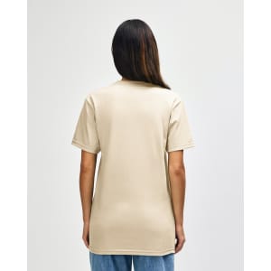 A midweight adult T-shirt in beige with a simple design, featuring a branding logo on the back.