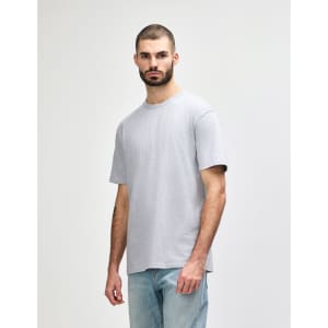 A grey adult midweight T-shirt displayed on a model, featuring a simple design and a logo.