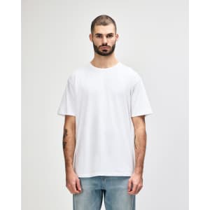 A midweight adult t-shirt in white with a logo, featuring a classic crew neck and short sleeves.