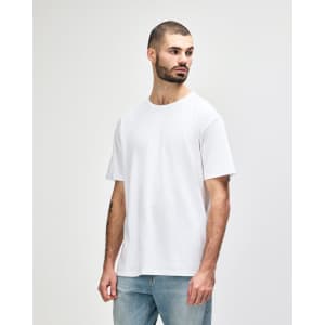 A white midweight T-shirt displayed on a male model, featuring a standard crew neck and short sleeves.