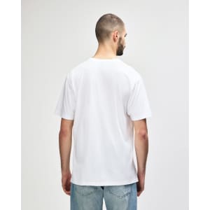 A white midweight T-shirt from Gildan, featuring a simple design and a logo, shown from the back.