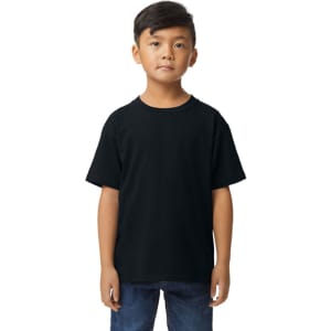 A black youth midweight T-shirt displayed on a child, featuring a crew neck and short sleeves.