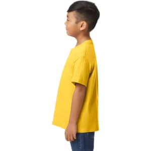 A yellow youth midweight T-shirt displayed on a child from the back. The shirt features a logo on the back.