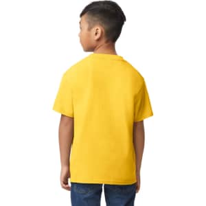 A yellow Gildan Softstyle Youth Midweight T-Shirt displayed on a child from the side, featuring short sleeves and a loose fit.