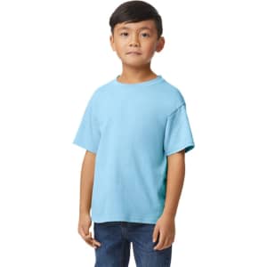 A youth midweight T-shirt in a light blue colour, featuring short sleeves and a classic crew neckline, with branding.