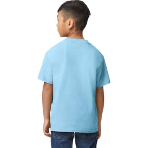 A side view of a youth midweight T-shirt in a light blue colour, featuring a simple design and a logo.