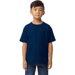 A youth midweight T-shirt in navy blue, displayed on a child mannequin. The shirt features a logo on the front.