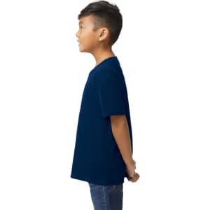 A youth midweight T-shirt in navy blue, viewed from the back, featuring a plain design and a logo.