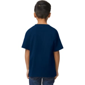 A youth midweight t-shirt in navy blue, featuring short sleeves and a round neckline. It has a logo on it.