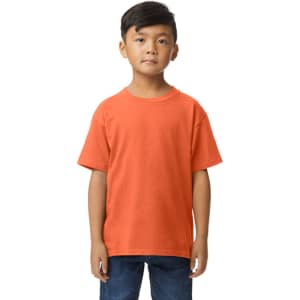 A youth midweight T-shirt in vibrant orange, featuring a simple design and a logo on the front.