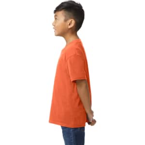 A youth midweight T-shirt in vibrant orange, viewed from the back, worn by a child. The shirt has a logo.