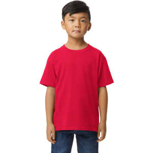 A red midweight youth T-shirt displayed on a child, featuring a plain design and a logo.