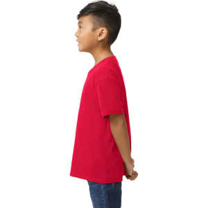 A red youth midweight T-shirt viewed from the back, featuring a plain design and a branding logo.