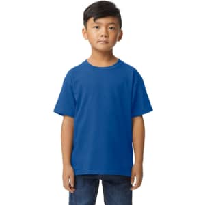 A youth midweight T-shirt in royal blue, displayed on a child standing straight, with a simple logo on the shirt.
