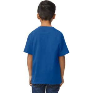 A blue midweight youth T-shirt displayed on a boy, featuring a logo on the front.